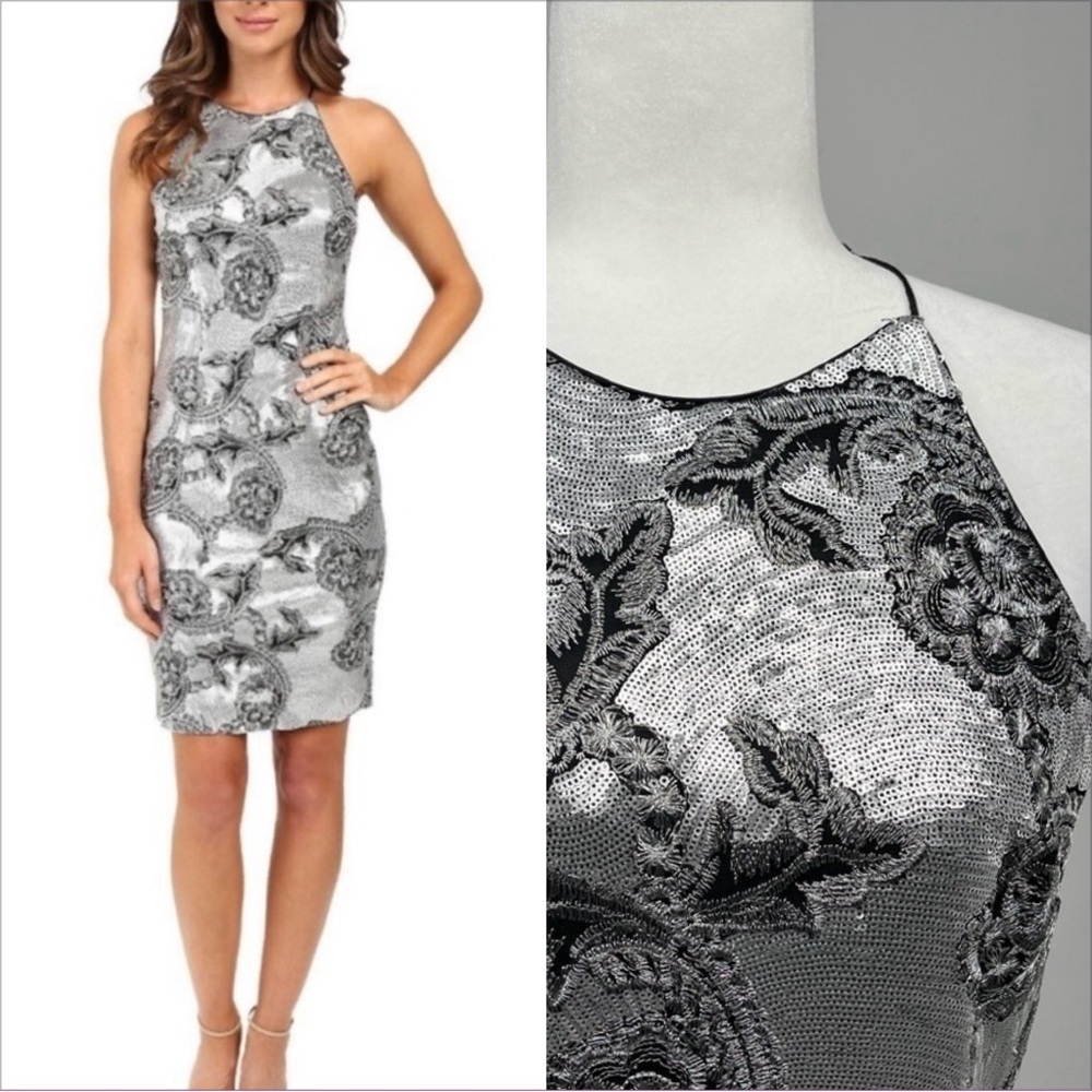 Calvin Klein floral sequin silver formal midi dress size 6
